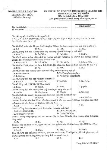Đề thi chính thức kỳ thi Trung học Phổ thông Quốc gia năm 2017 môn Hóa học - Mã đề thi 207