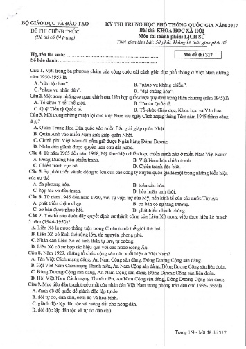Đề thi chính thức kỳ thi Trung học Phổ thông Quốc gia năm 2017 môn Lịch sử - Mã đề thi 317
