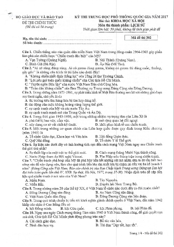 Đề thi chính thức kỳ thi Trung học Phổ thông Quốc gia năm 2017 môn Lịch sử - Mã đề thi 302