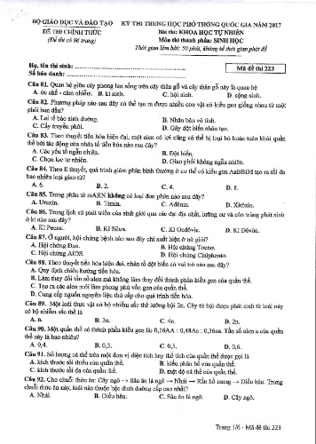 Đề thi chính thức kỳ thi Trung học Phổ thông Quốc gia năm 2017 môn Sinh học - Mã đề thi 223