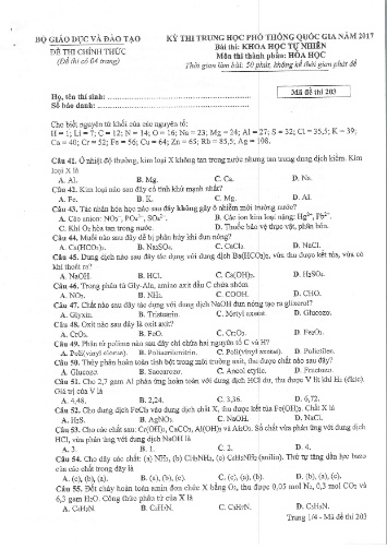 Đề thi chính thức kỳ thi Trung học Phổ thông Quốc gia năm 2017 môn Hóa học - Mã đề thi 203