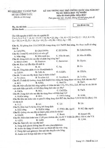 Đề thi chính thức kỳ thi Trung học Phổ thông Quốc gia năm 2017 môn Hóa học - Mã đề thi 216