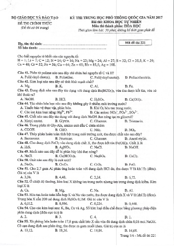 Đề thi chính thức kỳ thi Trung học Phổ thông Quốc gia năm 2017 môn Hóa học - Mã đề thi 221
