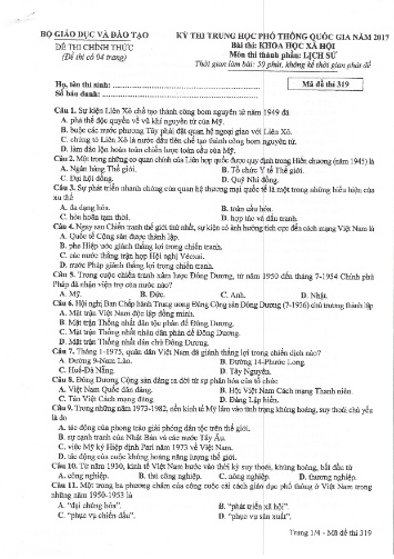 Đề thi chính thức kỳ thi Trung học Phổ thông Quốc gia năm 2017 môn Lịch sử - Mã đề thi 319