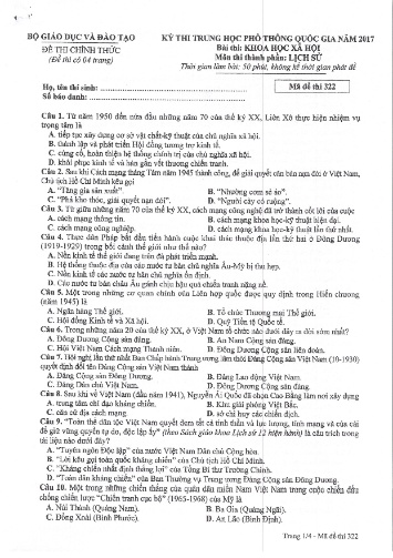 Đề thi chính thức kỳ thi Trung học Phổ thông Quốc gia năm 2017 môn Lịch sử - Mã đề thi 322