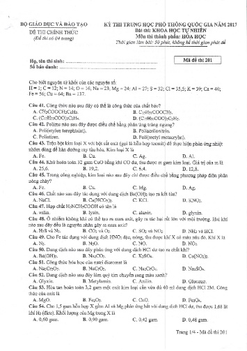 Đề thi chính thức kỳ thi Trung học Phổ thông Quốc gia năm 2017 môn Hóa học - Mã đề thi 201