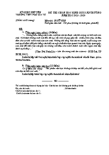 Đề thi chọn học sinh giỏi cấp trường môn Ngữ văn - Năm học 2019-2020 - Trường THPT Ngô Gia Tự (Có đáp án)