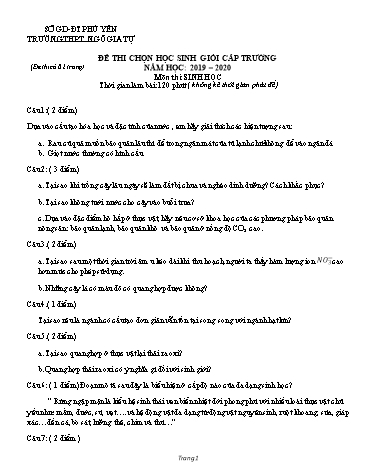 Đề thi chọn học sinh giỏi cấp trường môn Sinh học - Năm học 2019-2020 - Trường THPT Ngô Gia Tự (Có đáp án) Đề thi chọn học sinh giỏi cấp trường môn Sinh học - Năm học 2019-2020 - Trường THPT Ngô Gia Tự (Có đáp án)
