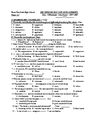 Đề thi chọn học sinh giỏi cấp trường môn Tiếng Anh Lớp 12 - Năm học 2017-2018 - Trường THPT Phan Chu Trinh