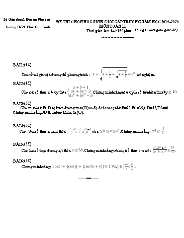 Đề thi chọn học sinh giỏi cấp trường môn Toán 11 - Năm học 2019-2020 - Trường THPT Phan Chu Trinh (Có đáp án)