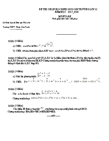Đề thi chọn học sinh giỏi cấp trường môn Toán Lớp 12 - Năm học 2017-2018 - Trường THPT Phan Chu Trinh (Có đáp án)