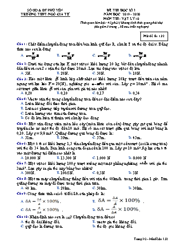 Đề thi học kì I môn Vật lý 10 - Năm học 2019-2020 - Trường THPT Ngô Gia Tự - Mã đề 132 (Có đáp án)
