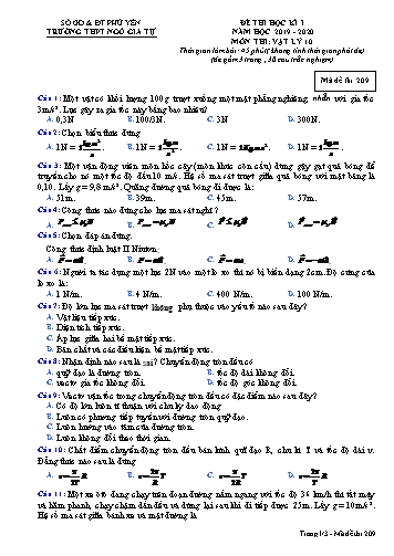 Đề thi học kì I môn Vật lý 10 - Năm học 2019-2020 - Trường THPT Ngô Gia Tự - Mã đề 209 (Có đáp án)