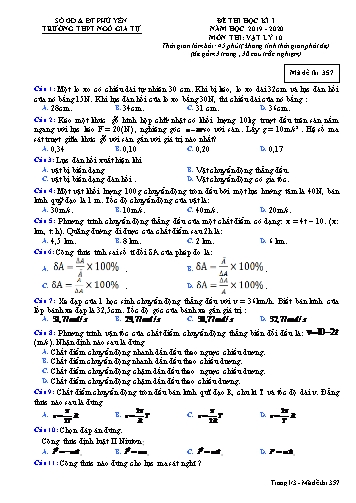 Đề thi học kì I môn Vật lý 10 - Năm học 2019-2020 - Trường THPT Ngô Gia Tự - Mã đề 357 (Có đáp án)