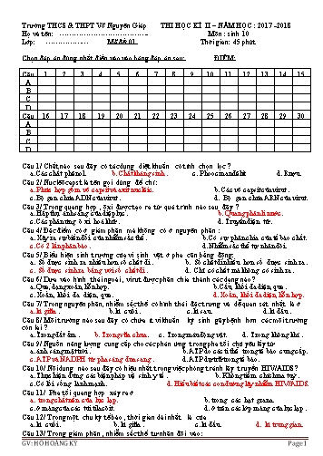 Đề thi học kì II môn Sinh học Lớp 10 - Năm học 2017-2018 - Hồ Hoàng Kỳ (Có đáp án)