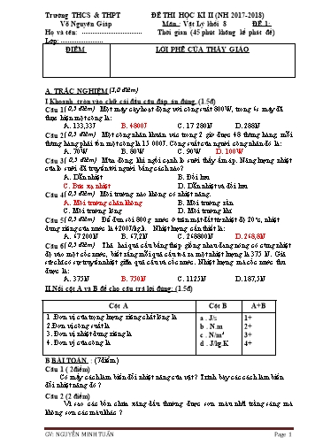 Đề thi học kì II môn Vật lí Lớp 8 - Năm học 2017-2018 - Nguyễn Minh Tuấn (Có đáp án)