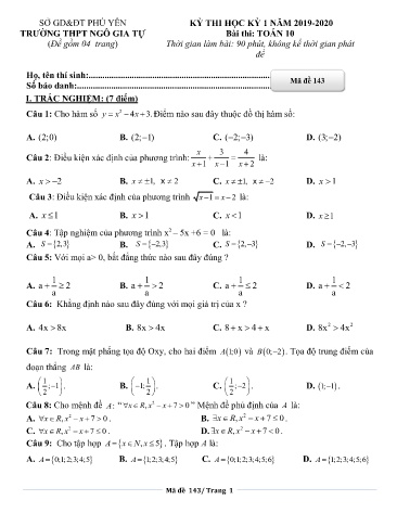 Đề thi học kỳ 1 môn Toán 10 - Năm học 2019-2020 - Trường THPT Ngô Gia Tự - Mã đề 143 (Có đáp án)