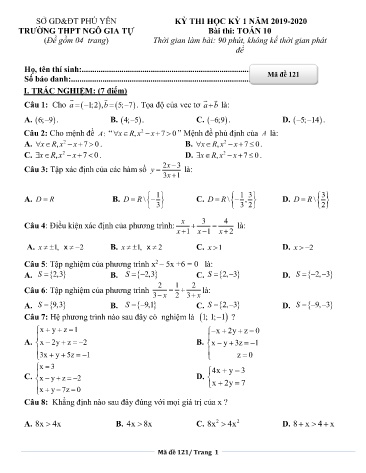 Đề thi học kỳ 1 môn Toán 10 - Năm học 2019-2020 - Trường THPT Ngô Gia Tự - Mã đề 121 (Có đáp án)