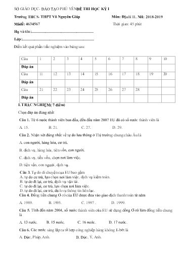 Đề thi học kỳ I môn Địa lí Lớp 11 - Năm học 2018-2019 - Trường THCS-THPT Võ Nguyên Giáp (Có đáp án)