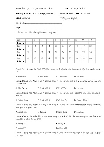 Đề thi học kỳ I môn Địa lí Lớp 12 - Năm học 2018-2019 - Trường THCS-THPT Võ Nguyên Giáp (Có đáp án)