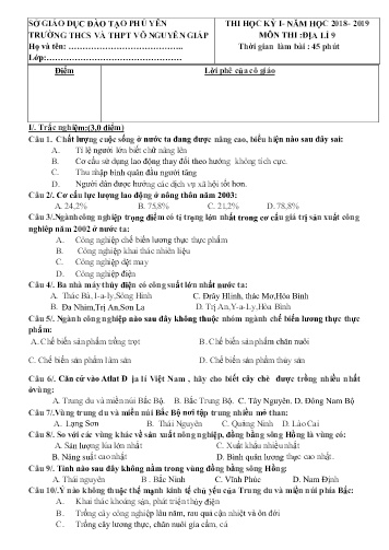 Đề thi học kỳ I môn Địa lí Lớp 9 - Năm học 2018-2019 - Trường THCS-THPT Võ Nguyên Giáp (Có đáp án)