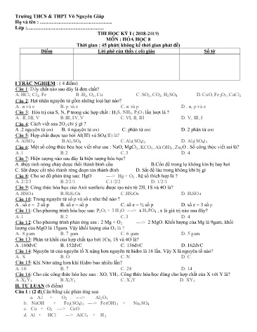Đề thi học kỳ I môn Hóa học 8 - Năm học 2018-2019 - Trường THCS&THPT Võ Nguyên Giáp (Có đáp án)