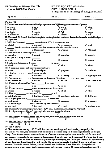 Đề thi học kỳ I môn Tiếng Anh 10 - Năm học 2018-2019 - Trường THPT Ngô Gia Tự (Có đáp án)