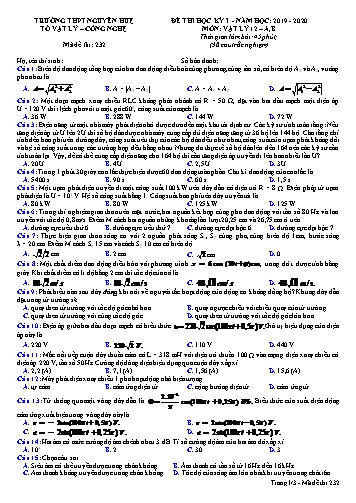 Đề thi học kỳ I môn Vật lý 12 - Năm học 2019-2020 - Trường THPT Nguyễn Huệ (Có đáp án)