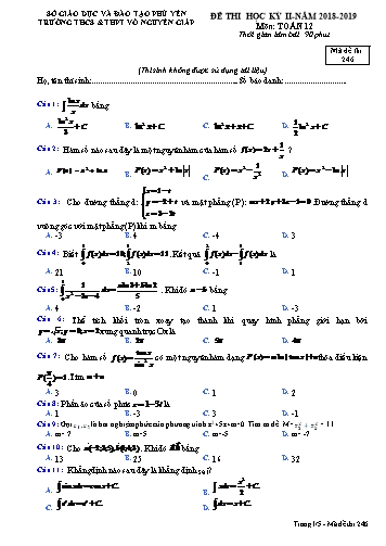 Đề thi học kỳ II môn Toán 12 - Năm học 2018-2019 - Trường THCS&THPT Võ Nguyên Giáp - Mã đề thi 246 (Có đáp án)