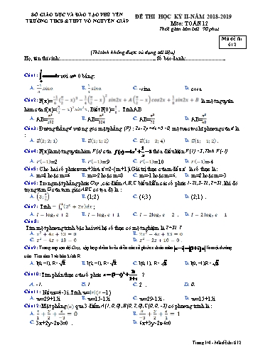 Đề thi học kỳ II môn Toán 12 - Năm học 2018-2019 - Trường THCS&THPT Võ Nguyên Giáp - Mã đề thi 612 (Có đáp án)