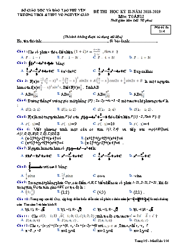 Đề thi học kỳ II môn Toán 12 - Năm học 2018-2019 - Trường THCS&THPT Võ Nguyên Giáp - Mã đề thi 214 (Có đáp án)