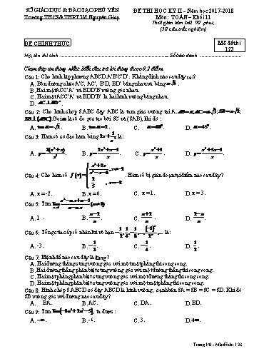 Đề thi học kỳ II môn Toán Khối 11 - Năm học 2017-2018 - Trường THCS&THPT Võ Nguyên Giáp - Mã đề thi 123 (Có đáp án)
