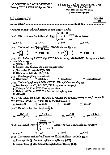 Đề thi học kỳ II môn Toán Khối 11 - Năm học 2017-2018 - Trường THCS&THPT Võ Nguyên Giáp - Mã đề thi 321 (Có đáp án)