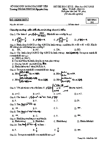 Đề thi học kỳ II môn Toán Khối 11 - Năm học 2017-2018 - Trường THCS&THPT Võ Nguyên Giáp - Mã đề thi 201 (Có đáp án)