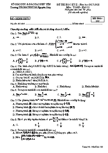 Đề thi học kỳ II môn Toán Khối 11 - Năm học 2017-2018 - Trường THCS&THPT Võ Nguyên Giáp - Mã đề thi 102 (Có đáp án)