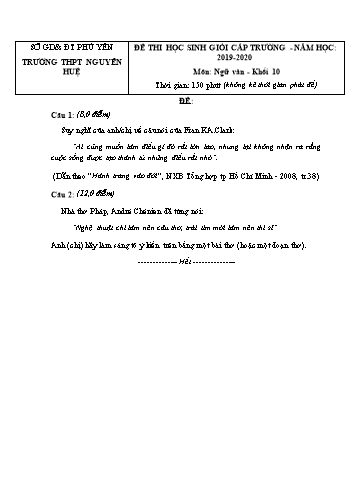 Đề thi học sinh giỏi cấp trường môn Ngữ văn Khối 10 - Năm học 2019-2020 - Trường THPT Nguyễn Huệ (Có đáp án)