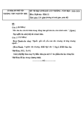 Đề thi học sinh giỏi cấp trường môn Ngữ văn Khối 11 - Năm học 2019-2020 - Trường THPT Nguyễn Huệ (Có đáp án)