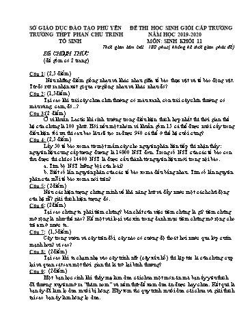 Đề thi học sinh giỏi cấp trường môn Sinh học  Khối 11 - Năm học 2019-2020 - Trường THPT Phan Chu Trinh (Có đáp án)
