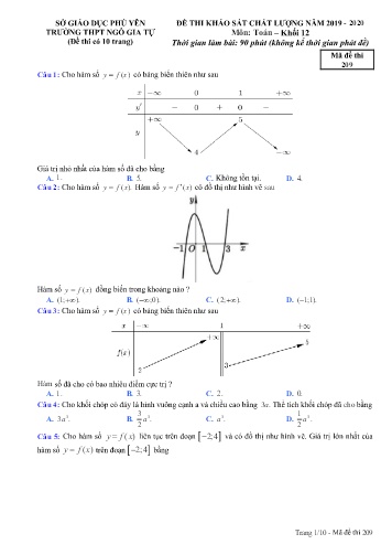 Đề thi khảo sát chất lượng môn Toán Khối 12 - Năm học 2019-2020 - Trường THPT Ngô Gia Tự - Mã đề thi 209 (Có đáp án)