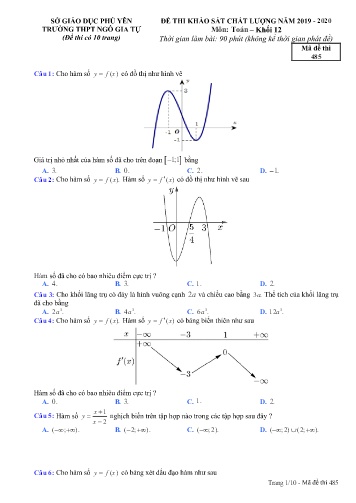 Đề thi khảo sát chất lượng môn Toán Khối 12 - Năm học 2019-2020 - Trường THPT Ngô Gia Tự - Mã đề thi 485 (Có đáp án)