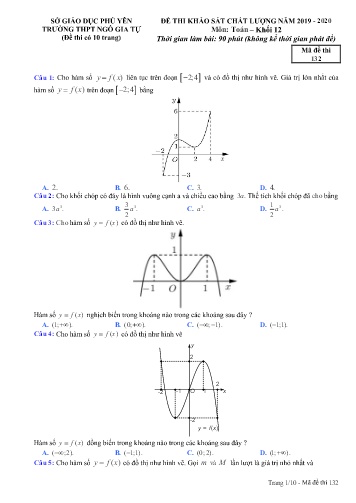 Đề thi khảo sát chất lượng môn Toán Khối 12 - Năm học 2019-2020 - Trường THPT Ngô Gia Tự - Mã đề thi 132 (Có đáp án)