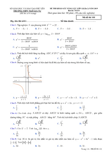 Đề thi khảo sát năng lực lớp 12 lần 2 năm 2019 môn Toán - Trường THPT Ngô Gia Tự - Mã đề thi 101 (Có đáp án)