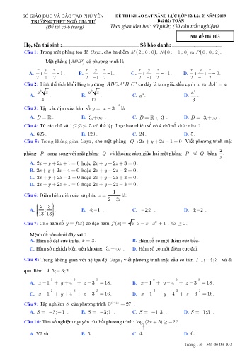 Đề thi khảo sát năng lực lớp 12 lần 2 năm 2019 môn Toán - Trường THPT Ngô Gia Tự - Mã đề thi 103 (Có đáp án)