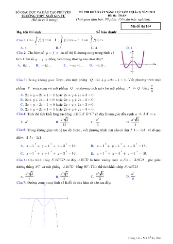 Đề thi khảo sát năng lực lớp 12 lần 2 năm 2019 môn Toán - Trường THPT Ngô Gia Tự - Mã đề thi 104 (Có đáp án)