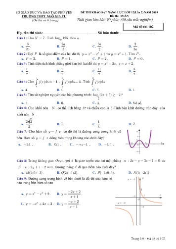 Đề thi khảo sát năng lực lớp 12 lần 2 năm 2019 môn Toán - Trường THPT Ngô Gia Tự - Mã đề thi 102 (Có đáp án)
