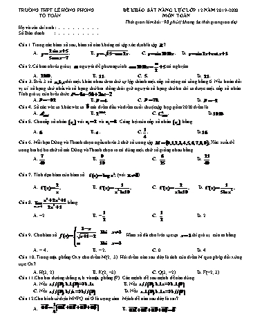 Đề thi khảo sát năng lực lớp 12 môn Toán - Năm học 2019-2020 - Trường THPT Lê Hồng Phong (Có đáp án)