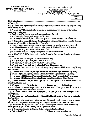Đề thi khảo sát năng lực môn Lịch sử Khối 12 - Năm học 2019-2020 - Trường THPT Phạm Văn Đồng (Có đáp án)
