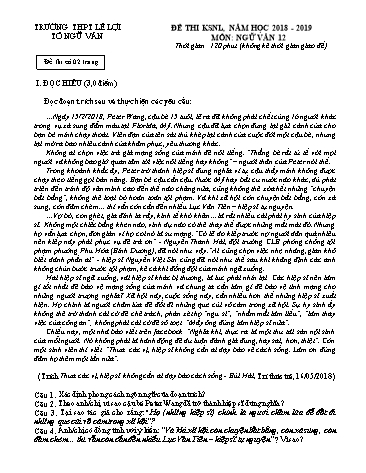Đề thi khảo sát năng lực môn Ngữ văn 12 - Năm học 2018-2019 - Trường THPT Lê Lợi (Có đáp án)