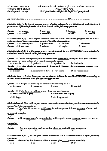 Đề thi khảo sát năng lực môn Tiếng Anh Lớp 12 - Năm 2019-2020 - Trường THPT Lê Lợi (Có đáp án)