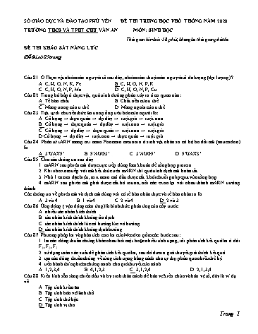 Đề thi khảo sát năng lực Trung học Phổ thông năm 2020 môn Sinh học - Trường THCS và THPT Chu Văn An (Có đáp án)